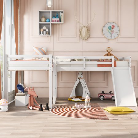 CITYLE Twin Size Loft Bed  Twin Size Loft Bed with Ladder and Slide  Wooden L-Shaped Loft Bed with Safety Guard Rails for Bedroom  L-Shaped Low Loft Bed Frame with Solid Wood Slat for Kids  White