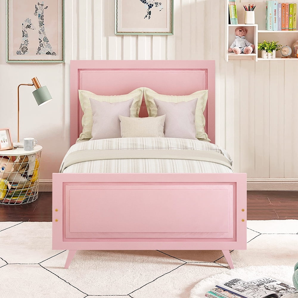 Pink Twin Bed Frame, Modern Wood Platform Bed Frame with Headboard and