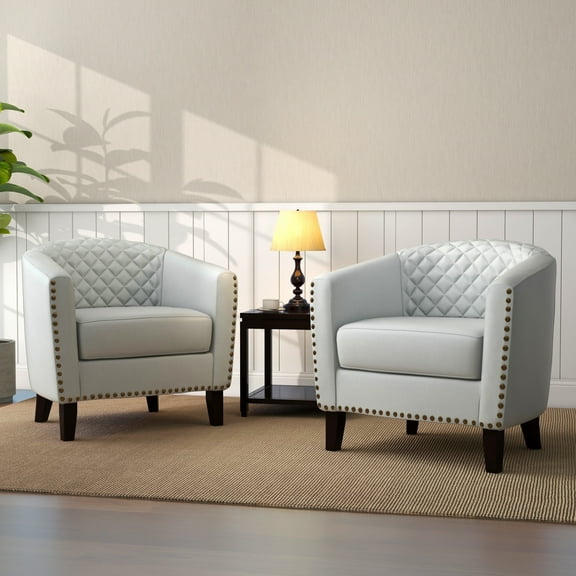 UIXE Accent Chairs Modern Upholstered Armchair Comfy Faux Leather Single Sofa, White, Set of 2