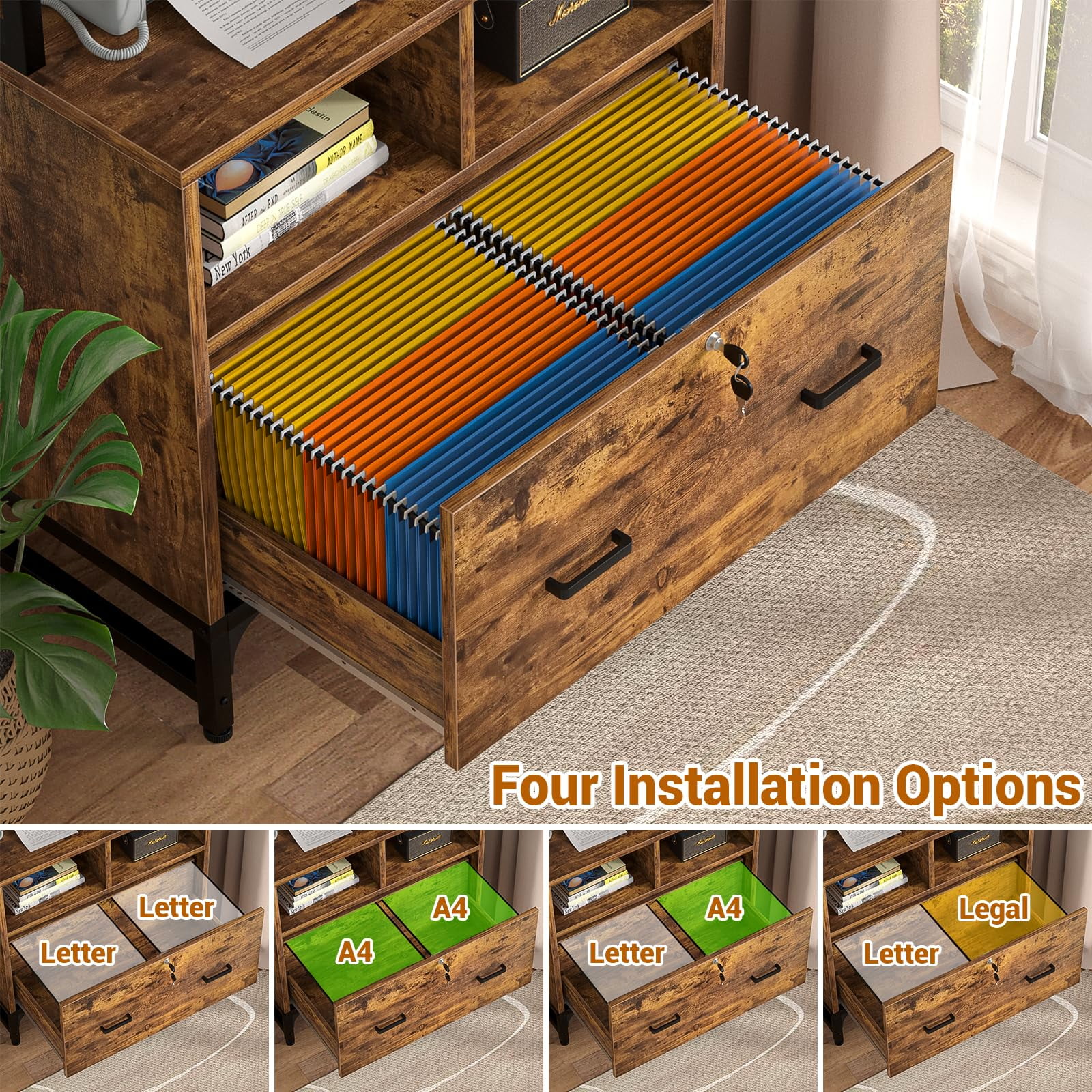 Homieasy Vertical File Cabinet with Charging Station, Lock & Large Drawer - Fits Letter/A4/Legal Files, Printer Stand & Shelves for Home Office,Rustic Brown