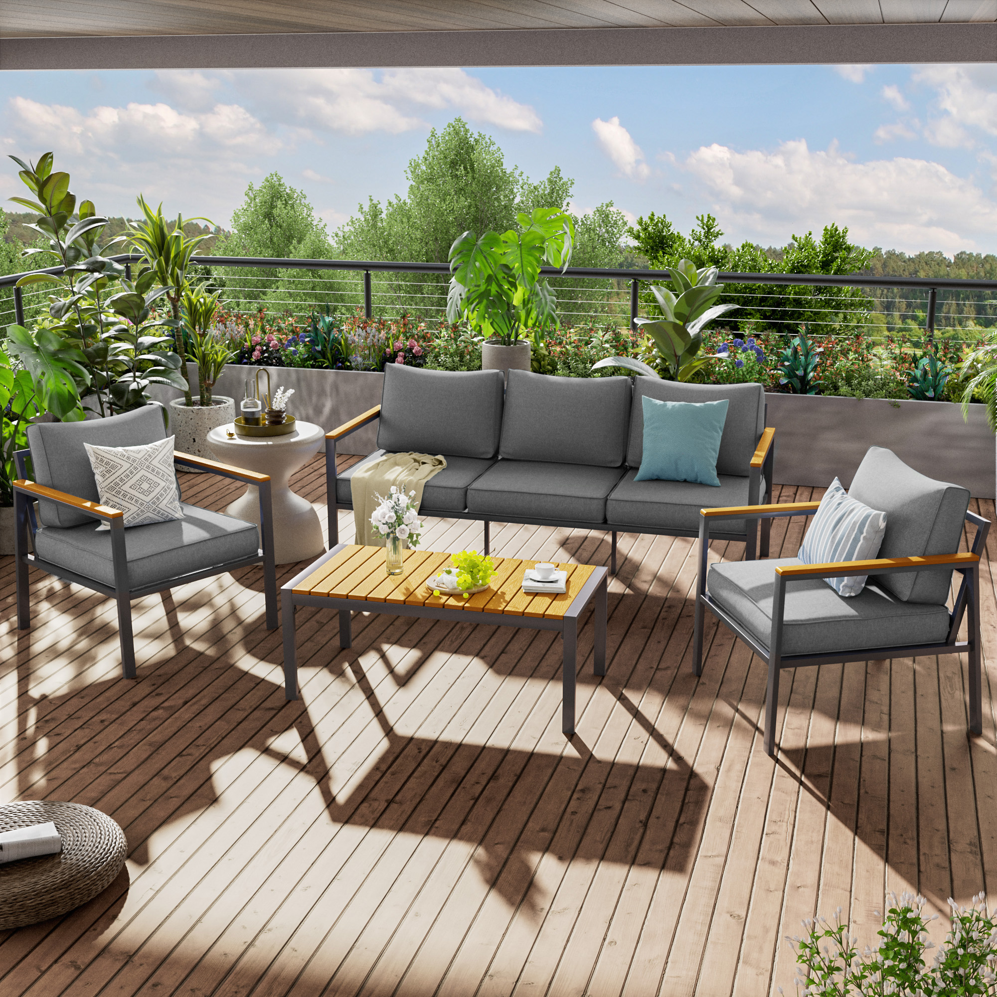 ELPOSUN Aluminum Patio Furniture Set, 6 Pieces Modern Patio Conversation Sets, Outdoor Sectional Metal Sofa with Coffee Table for Balcony, Garden, Dark Grey (Included Waterproof Covers)