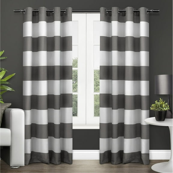 Exclusive Home Surfside Cabana Stripe Cotton-Rich Grommet Top Light Filtering Curtain Panel Pair, 54"x84", Black Pearl