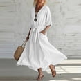 thumbnail image 4 of Bosfbaoi Dresses for Women V Neck 3/4 Sleeve Self Tie Waist Pockets High Low Maxi Dress Casual Textured Linen Dress, 4 of 6
