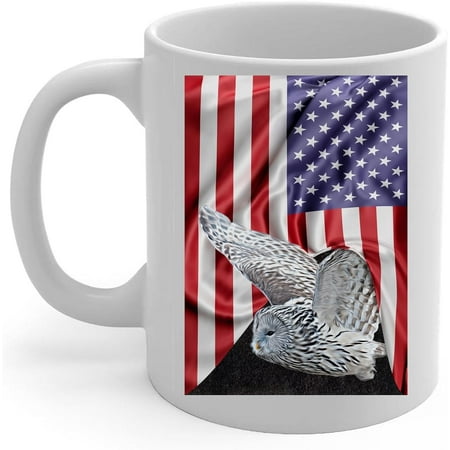 

American Themed Design with Flying Ural Owl Coffee Mug White Ceramic Tea Cup 11oz Wild Animal Lover Gifts