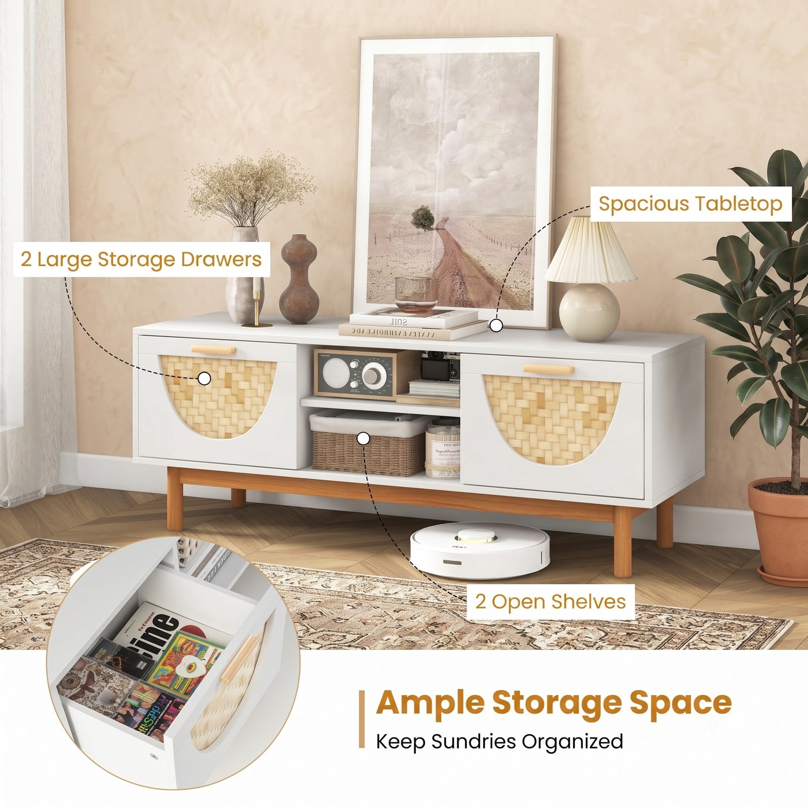 Furnibear Mid Century Modern TV Stand Entertainment Center for 55 Inch TV, Wood Media Console with 2 Drawers, 2 Open Shelves and Bamboo Woven, White and Natural