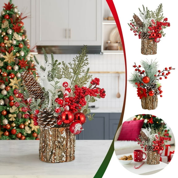 kladzum Small Tabletop Christmas Tree, Mini Artificial Christmas Tree, Xmas Tabletop Christmas Tree Simulated Bark Barrel Tree Ornaments for Home Holiday Decoration