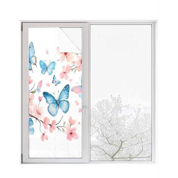 Window Privacy Film Blue Butterfly Stained Glass Window Film Decorative Sun Block Window Cover Watercolor Spring Natural Flowers Window Clings Static Adhesive Sticker for Bathroom 23.6"x59"