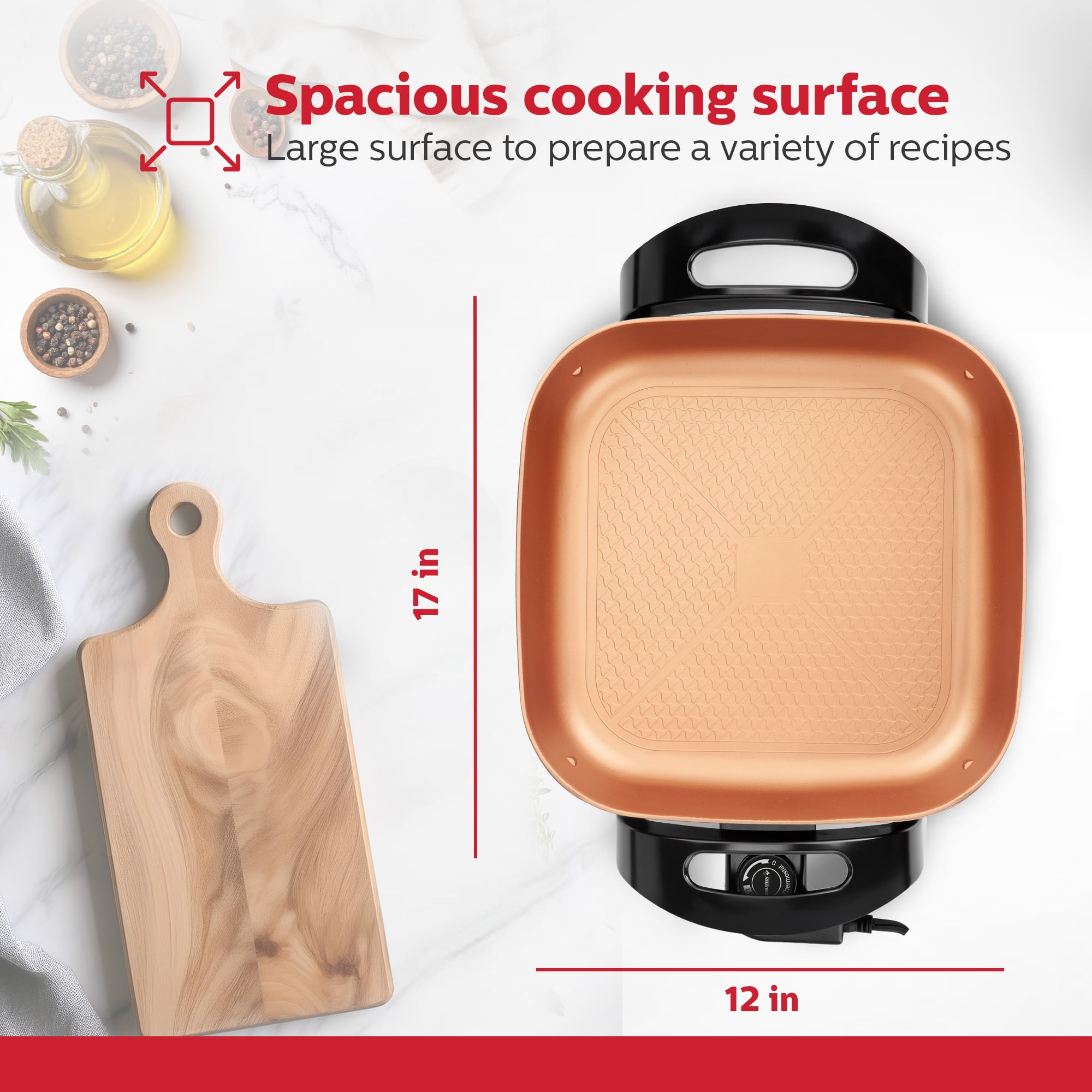 Holstein Housewares 12-Inch Electric Skillet with Non-Stick Coating, Glass Lid, and Removable Probe, Copper and Black