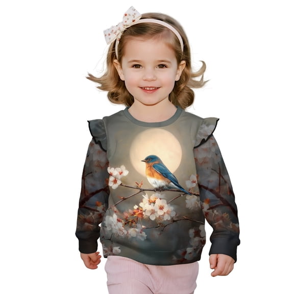 Xoenoiee Robin Moon Plum Blossom Print Toddler Baby Girls Sweatshirts Long Sleeve Ruffle T Shirt Kids Casual Pullover Top Blouse T-Shirt, Size 1-2 Years