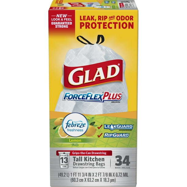 Glad Tall Kitchen Trash Bags, 13 Gallon, 34 Bags (ForceFlexPlus, Fresh