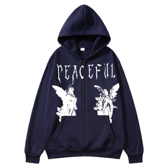 Sewkxo Men's Graphic Zip Up Hoodies Streetwear Jacket Letter Print Long Sleeve Sweatshirt with Pocket,Navy L