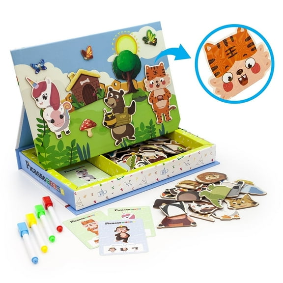 PicassoTiles 112PCS Magnetic Mix & Match Animal Building Activity Puzzle Book, Educational STEM Toy Set with 20 Free Unique Animal Idea Cards for Kids