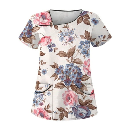 

BIZIZA Scrubs for Women Fitted with Two Pocket Plus Size Scrub tops Floral Graphic Short Sleeve V Neck Tops for Womens Light Brown S