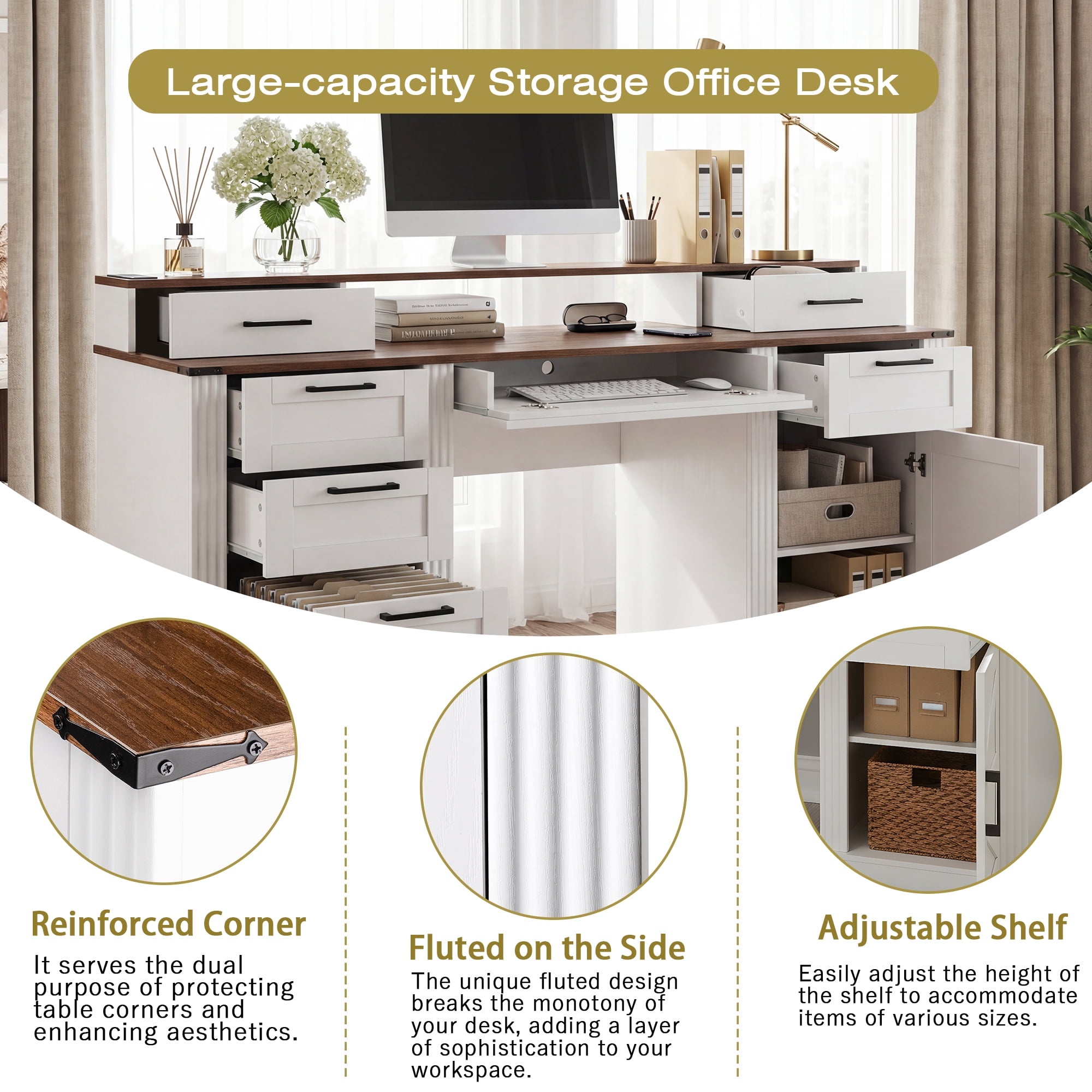 Leumius Farmhouse Office Desk with Charging Station & Storage Cabinet, Barn Door Design Home Office Study Desk with File Drawer, Monitor Stand and Keyboard Tray for Office Study Living Room White