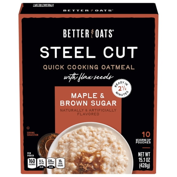 Better Oats Steel Cut Instant Oatmeal Packets, Maple and Brown Sugar Flavor with Flax Seeds, Quick-Cooking Breakfast, Box of 10 Pouches (Pack of 1)