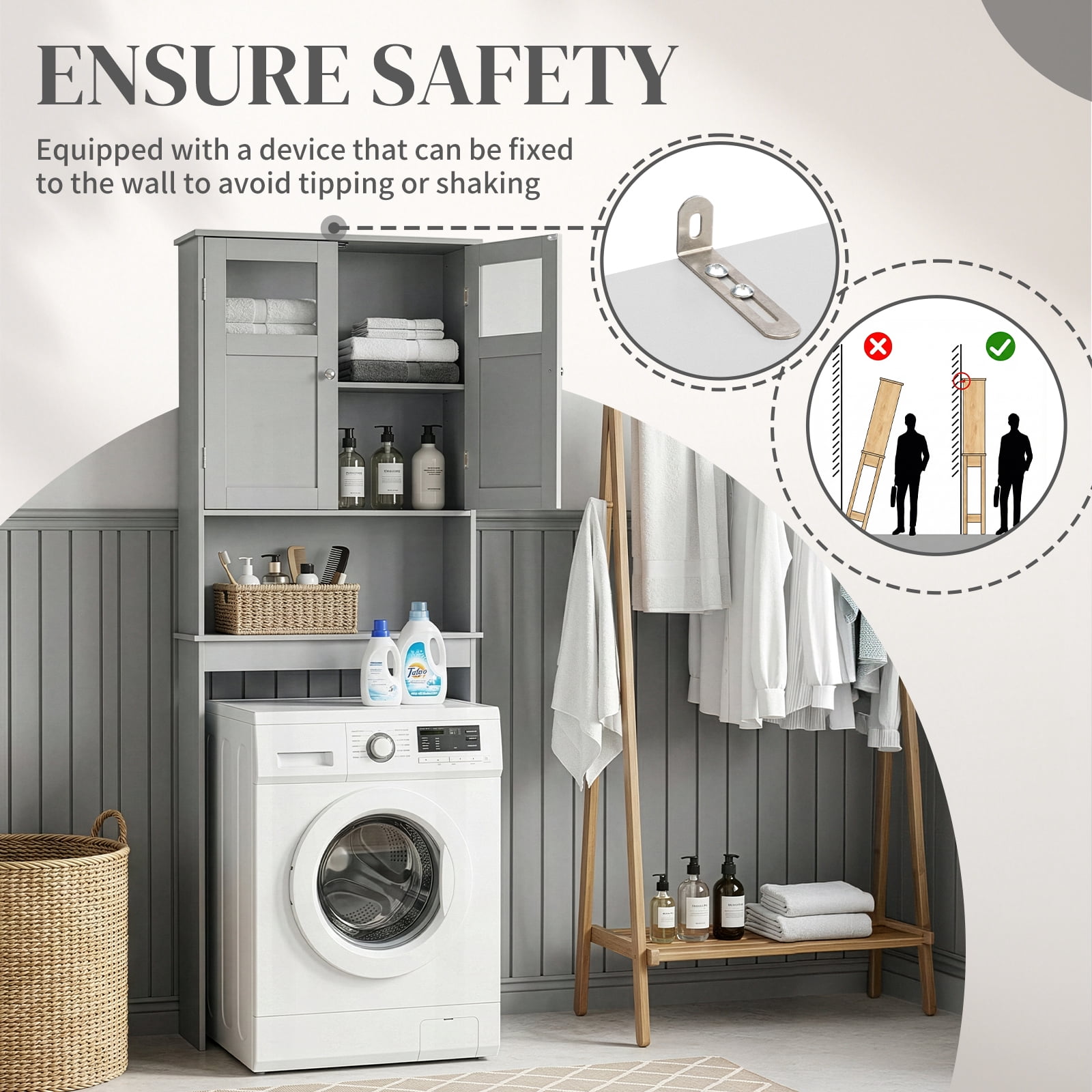 Ktaxon Over the Toilet Bathroom Storage Cabinet  with 2 Doors & 3 Storage Shelves Space Saver, Gray