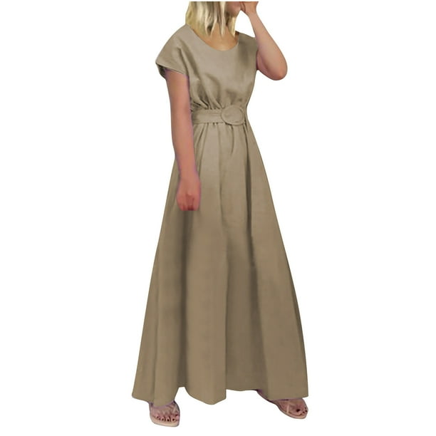Vestido de talla grande con cinturón oscilante de color sólido de manga corta con cuello redondo a la moda de verano para mujer Fridja bnh2261