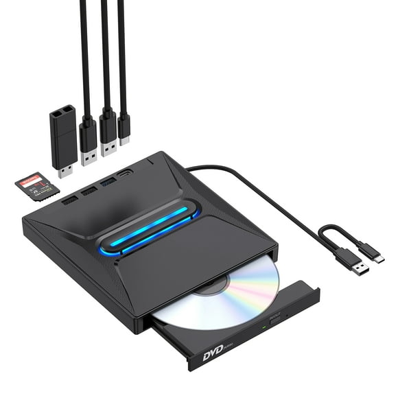 External CD DVD Drive Pro - Portable Typ C CD/DVD+/-RW Drive with SD Card Reader, CD ROM Burner