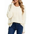 thumbnail image 2 of Women'S Fall Fashion Crew Neck Ribbed Knit Pullover Sweater Loose Side Split Batwing Long Sleeve Sweaters Cream White S, 2 of 9