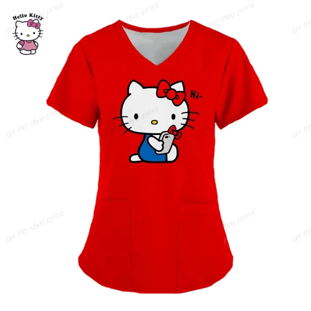 Uniformes médicos de estilo playero para mujer, Tops de enfermera con estampado de dibujos animados de Hello Kitty, ropa de manga corta para novio y mascota