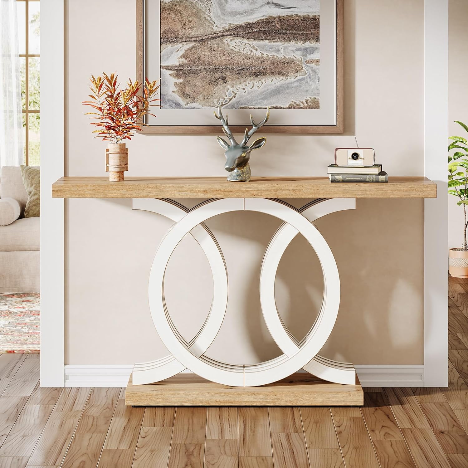 Finmind 55" Console Table with Geometric Wood Base, Modern Entryway Table, White