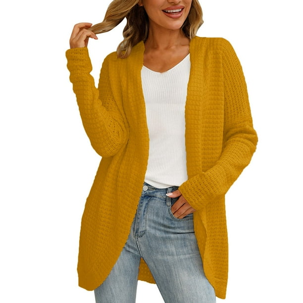 Gibobby Suéter mujer Cárdigan de Punto de Cable Elegante con Bolsillos Suéter de Manga Larga Abierto para Mujer(Amarillo,XG)