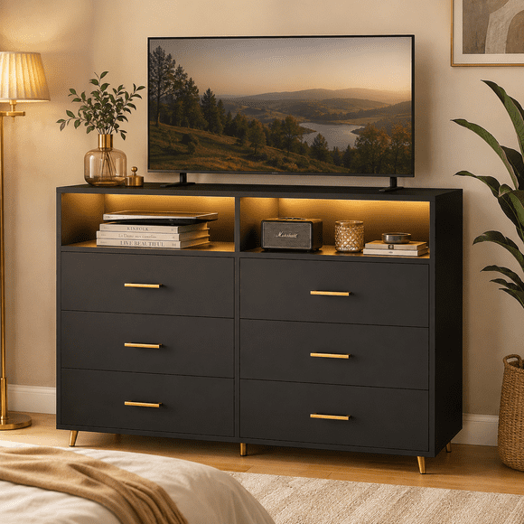 Zocalo Cómoda de 6 Cajones con Luz LED RGBW, Mueble para TV hasta 60 Pulgadas, Organizador Multifuncional con Estantes Abiertos para Dormitorio, Sala o Comedor, 120 x 40 x 100 cm, Negro