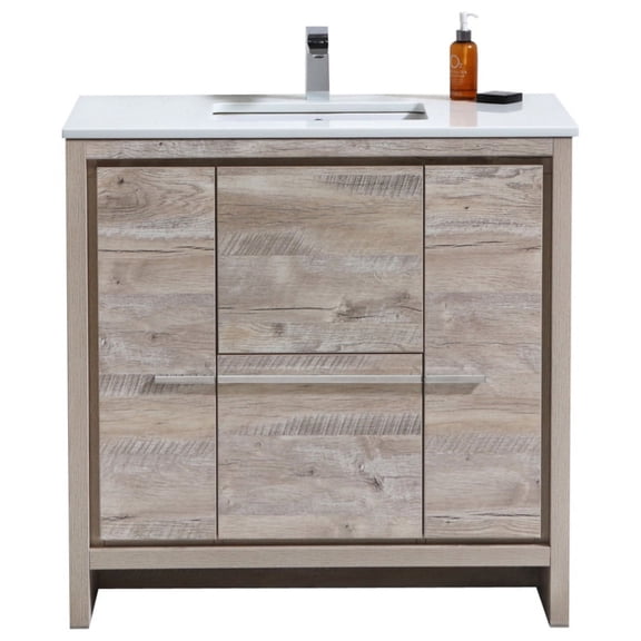 KubeBath Dolce 36" Nature Wood Modern Vanity, White Quartz Counter-Top