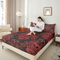 thumbnail image 4 of jejeloiu Spooky Bat Pattern Bed Sheets,Vintage Bohemian Flowers King Sheets,Red Damask Floral Sheet Set For Adults,Ultra Soft Home Decor,4pcs, 4 of 7