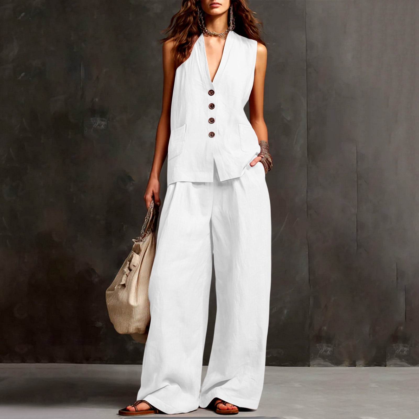 Women's Summer 2 Piece Lounge Set Dressy Sleeveless Button Down V Neck Top & Wide Leg Pants Office Travel Outfits