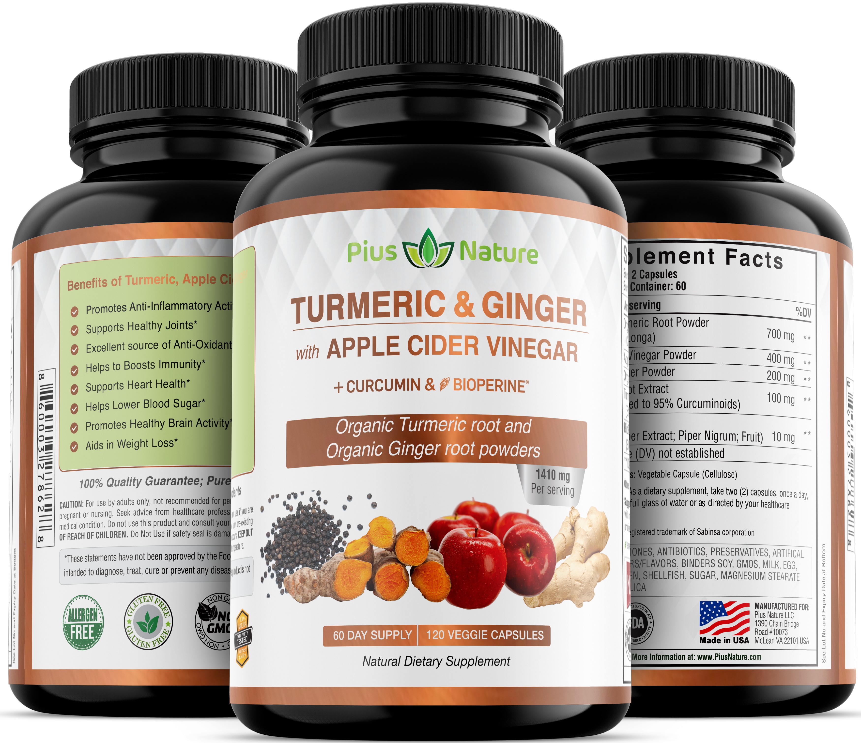 120 Capsules of USDA Organic Turmeric Root Powder, USDA Organic Ginger Powder and Apple Cider Vinegar Powder with Curcumin (95% Curcuminoids) and Bioperine, 1410 mg per Serving in Veggie Capsules