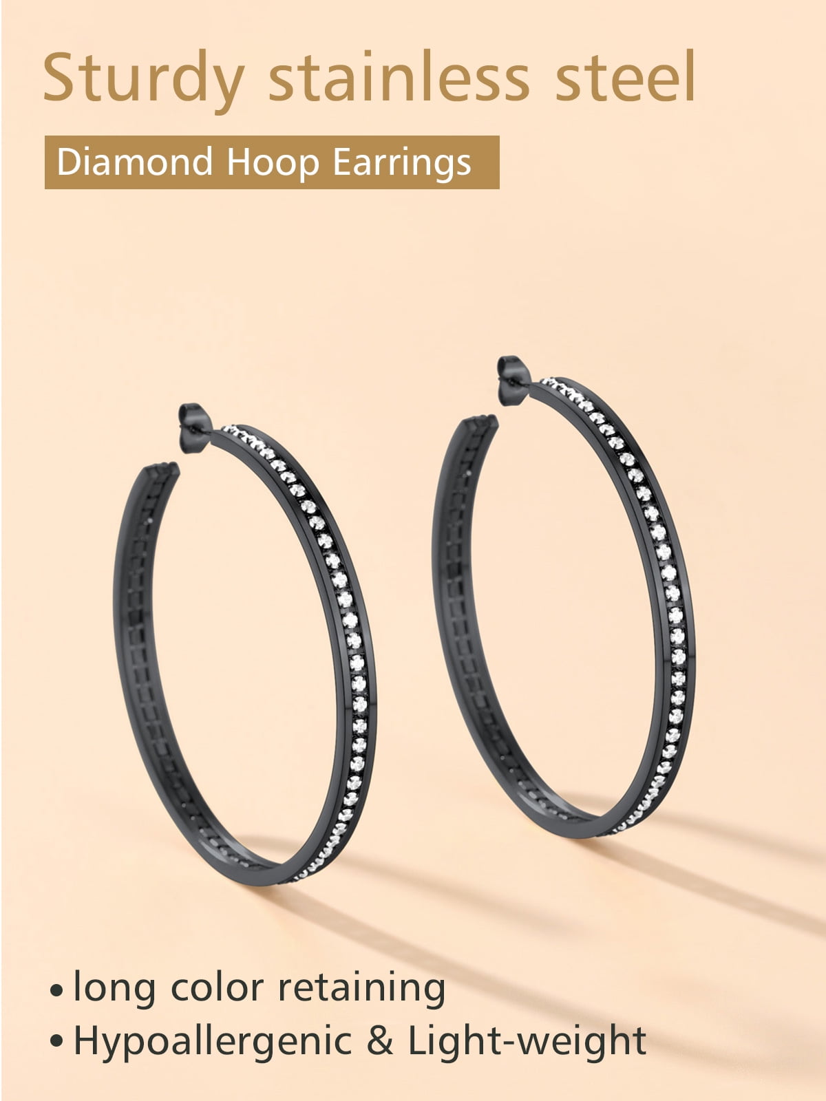 FindChic Black Hoop Earrings for Women Stainless Steel Hoops with Cubic Zirconia Inlaid Birthday Mothers Day Jewelry Gifts Her Mom Wife, 60mm