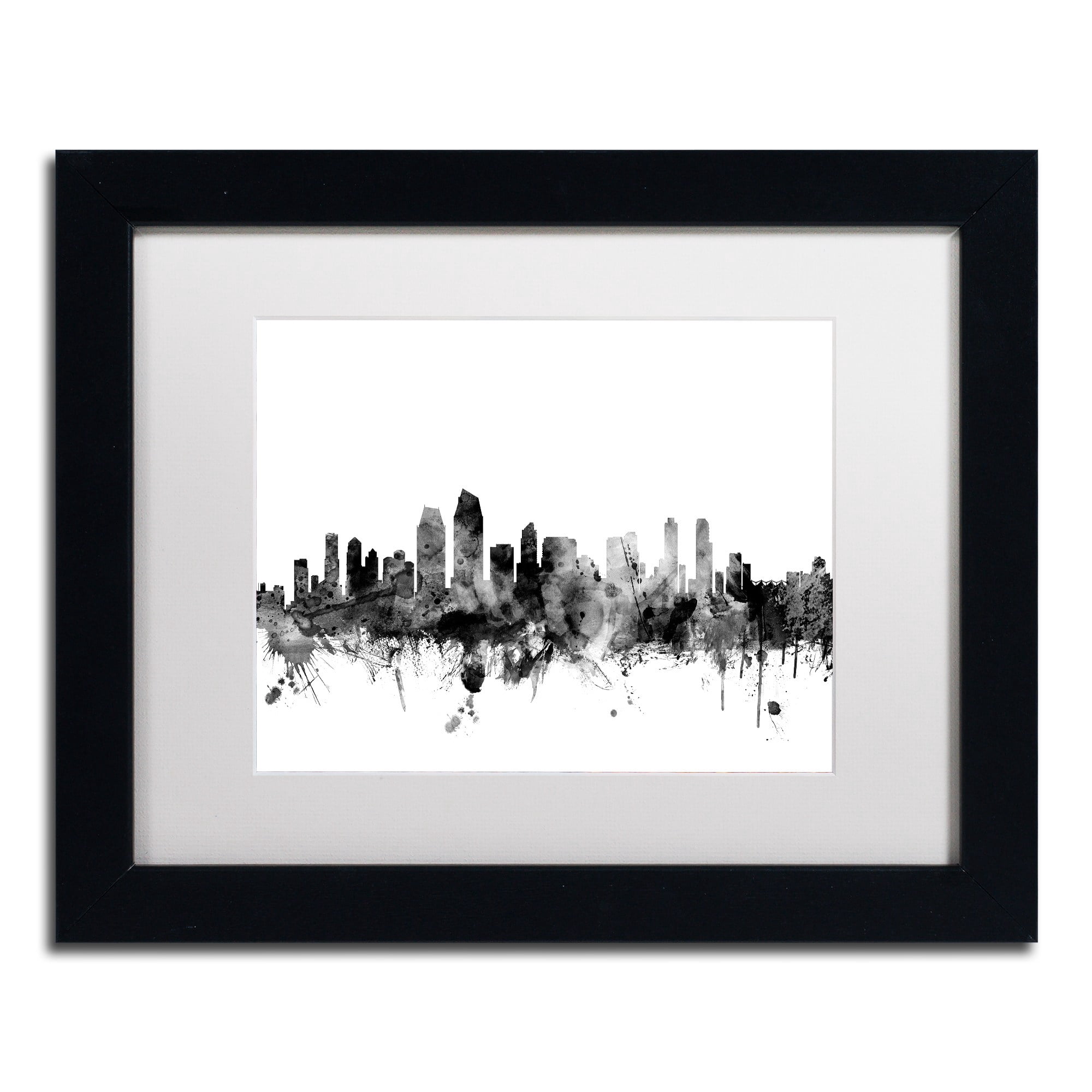 Trademark Fine Art "San Diego CA Skyline B&W" Canvas Art by Michael Tompsett, White Matte, Black Frame