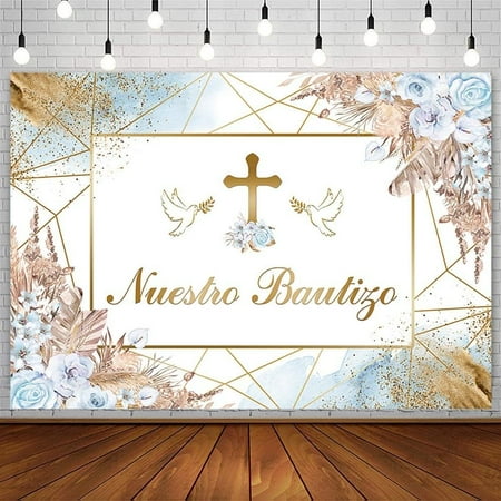 Boho Mi Bautizo Backdrop Nuestro Bautizo Baptism God Bless First Holy Communion Christening Party Decorations Blue Floral Pampas Photography Background Banner Photo Booth Props Supplies