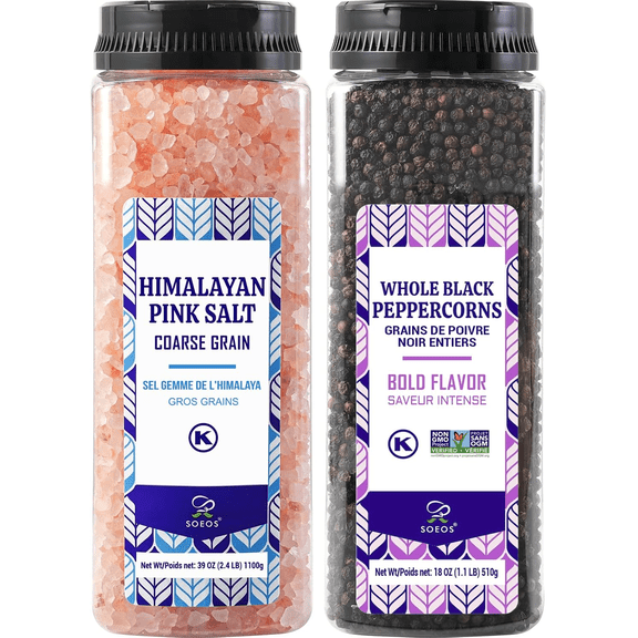 Soeos Himalayan Pink Salt（39oz）and Whole Black Peppercorns Bulk Seasoning Set（18oz）Peppercorns