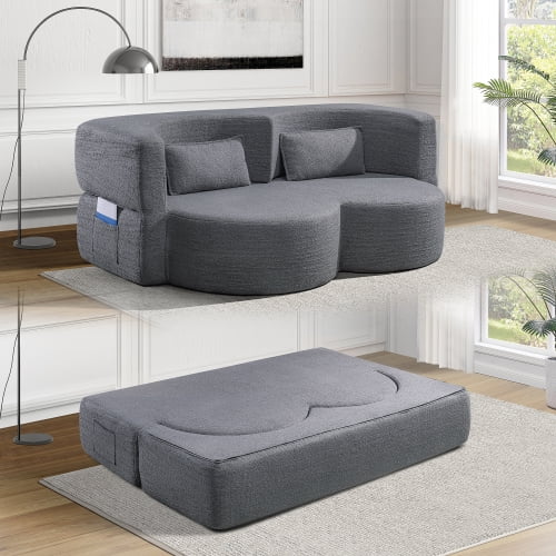 Folding Sofa Bed, Convertible Floor Sofa Sleeper Futon with Teddy Bear Fabric, Space Saving Double Bed for Living Room, Guest, Office, Apartment, No Assembly Required, Dark Grey