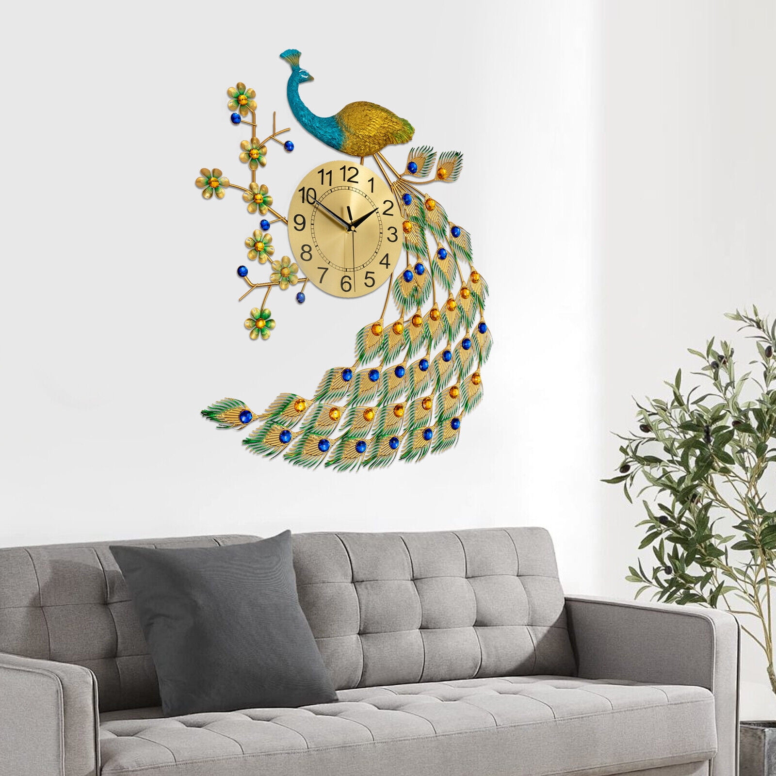 Luxury Peacock Large Wall Clock Metal Living Room 3D Wall Watch Home Decor Gift