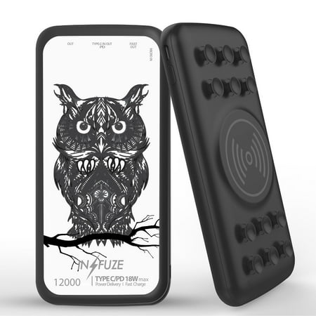 

INFUZE Qi Wireless Portable Charger for Samsung Galaxy A12 External Battery (12000 mAh 18W Power Delivery USB-C/USB-A 3.0 Ports Suction Cups) with Touch Tool - Abstract Owl