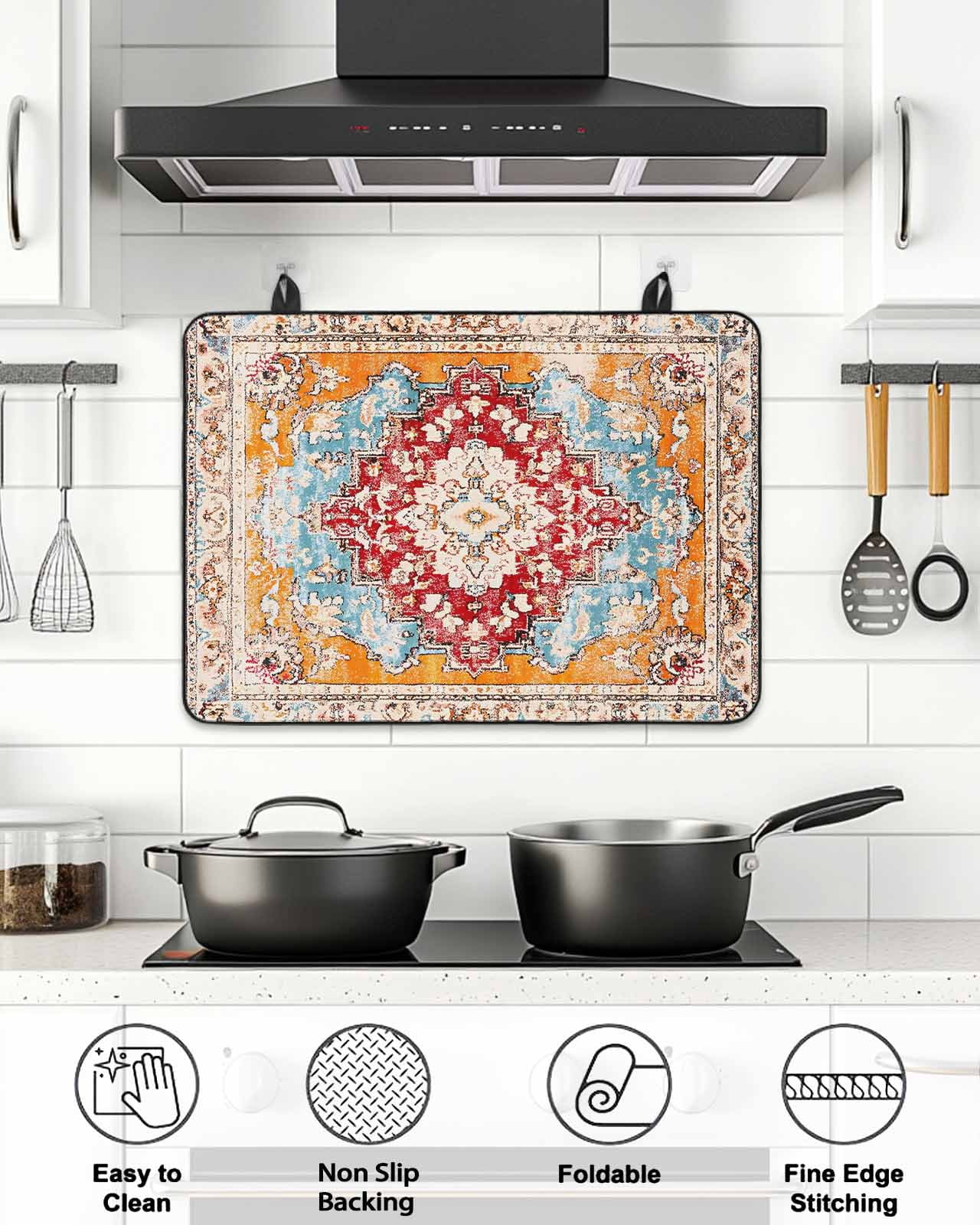 Stove Top Covers for Electric Stove, Vintage Ethnic Glass Stovetop Cover Protector, Boho Tribes Modern Orange Middle Century Induction Cooktop Protector Oven Mat for Kitchen Countertop 36"x21"
