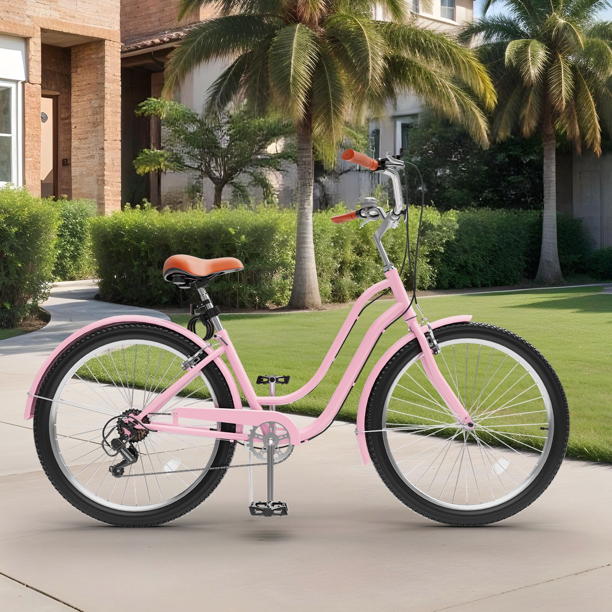 Uforic24'' Beach Cruiser Bike, 7-Speed, Step-Through Bicycle for Men & Women, Steel Frame, Pink