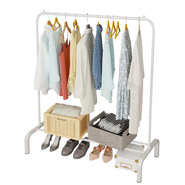 Freestanding Clothes Rack 43.3 Inch | Heavy Duty Steel Garment Hanger Rack with Shoe Storage Shelf | Wardrobe Drying Rack Clothes Organizer