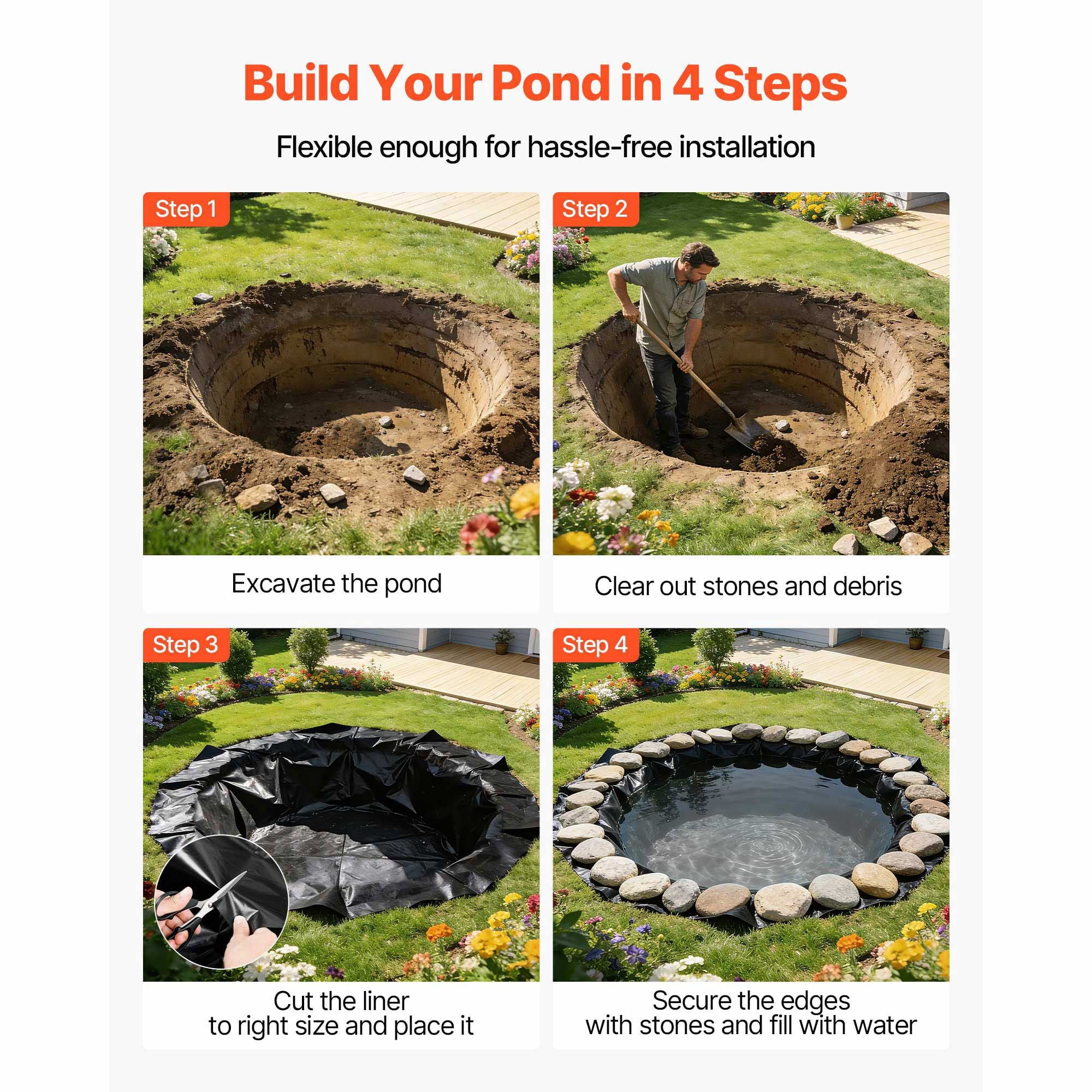 15 x 15 ft Pond Liner, 45 Mil Thickness, EPDM Rubber Material Fish Pond Liner for Outdoor Ponds, Easy to Cut, Durable & Leakproof, for Water Garden, Waterfall, Fishpond, Koi, Fountains, Black