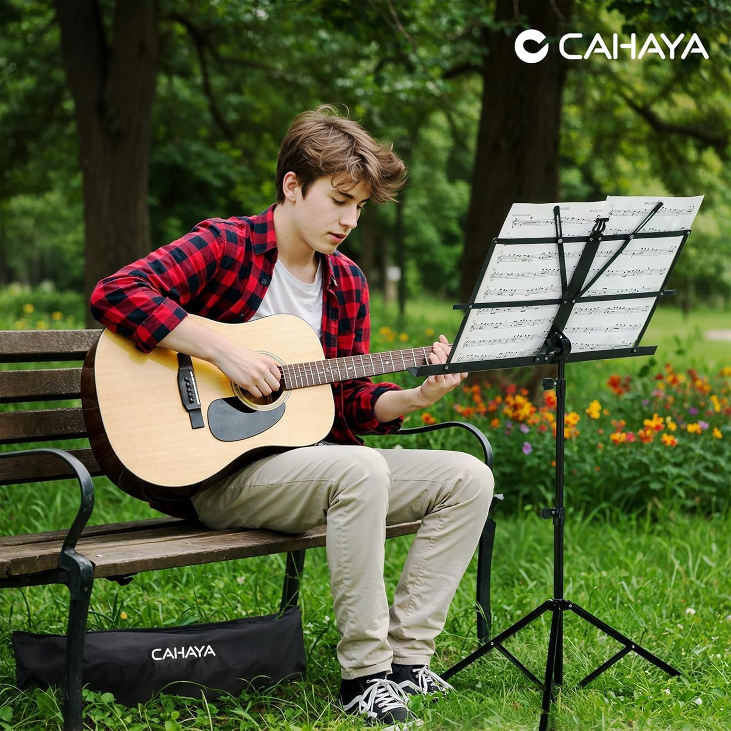 CAHAYA Portable Sheet Music Stand: Dual Use Desktop Book Holder Folding Lightweight Extra Stable Reinforced with Carrying Bag and Clip for Students Musicians Height Adjustable up to 67" CCMS0305
