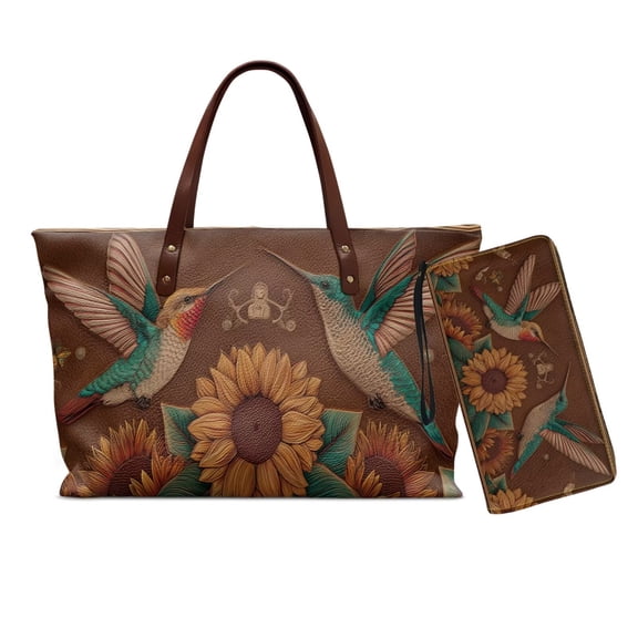 LedBack Hummingbird Sunflower Printed Top Handle Handbag Set with Wristlet Wallet Womens Wallet and Purse Set Lightweight Tote Bag Shoulder Purse for Travel, Brown