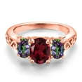 thumbnail image 3 of Gem Stone King 18K Rose Gold Plated Silver Red Rhodolite Garnet and Green Mystic Topaz Filigree Style 3 Stone Ring for Women (2.55 Cttw, Oval 8X6MM and 6X4MM) (Size 6), 3 of 6
