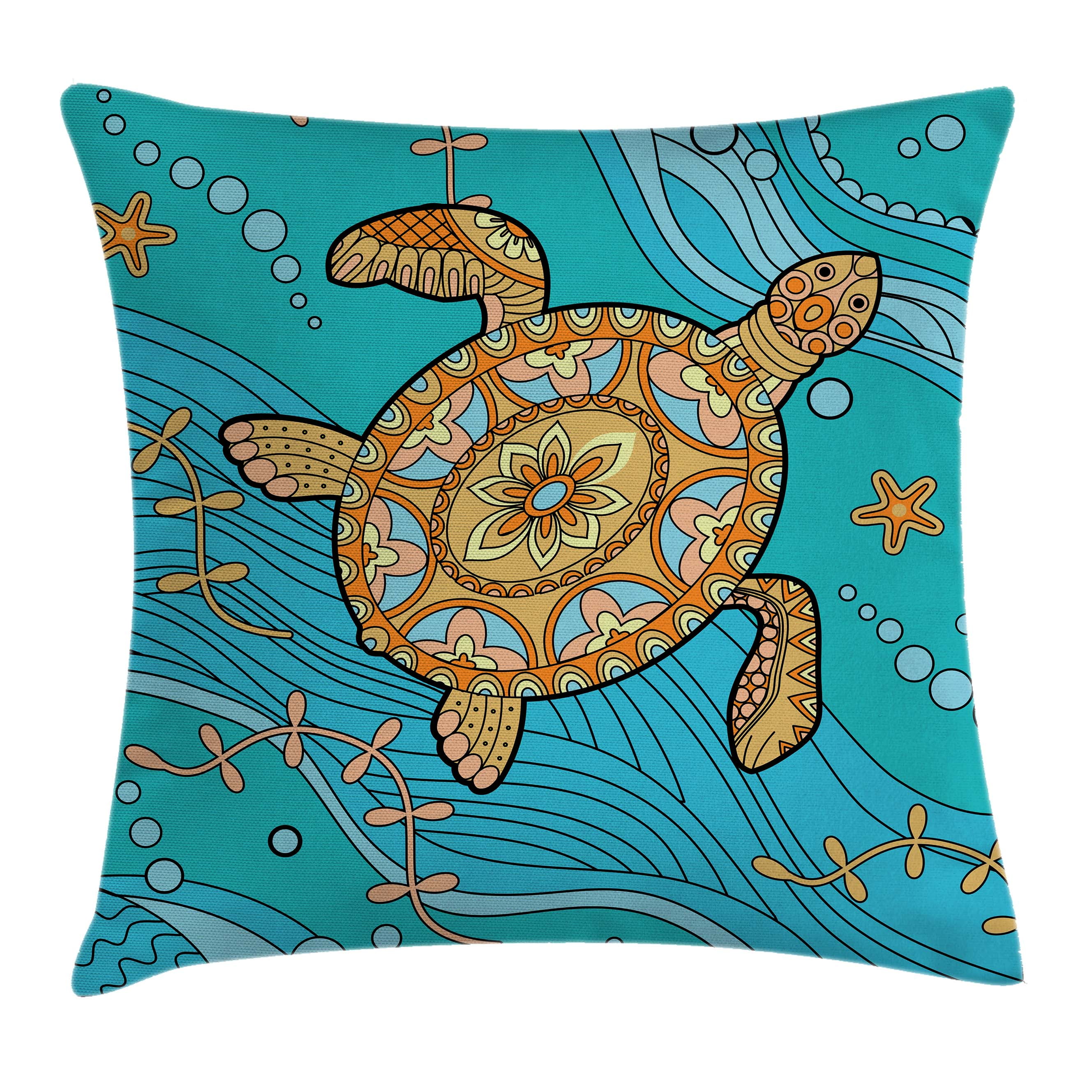 Turtle Throw Pillow Cushion Cover, Decorative Doodle of a Sea Turtle on