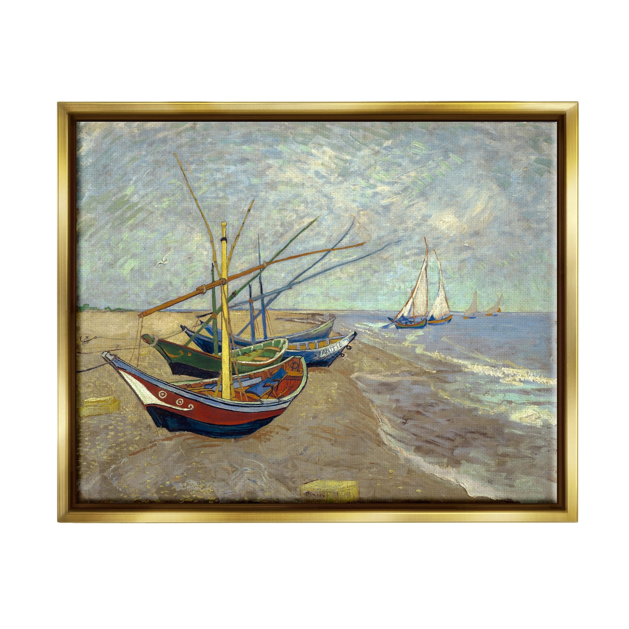 Stupell Industries Fishing Boats on Beach Saintes Maries Vincent van Gogh Painting Painting Metallic Gold Floating Framed Canvas Print Wall Art, Design by one1000paintings