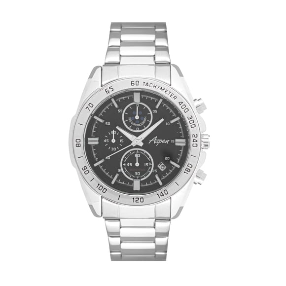 Aspen Montre pour Homme, Montre Analogique en Métal 43 mm, Quartz Japonais, Bracelet en Acier Inoxydable - Calendrier de Date, Chronographe, Tachymètre, Aiguilles Illuminées et Index - Cadran Argent / Noir