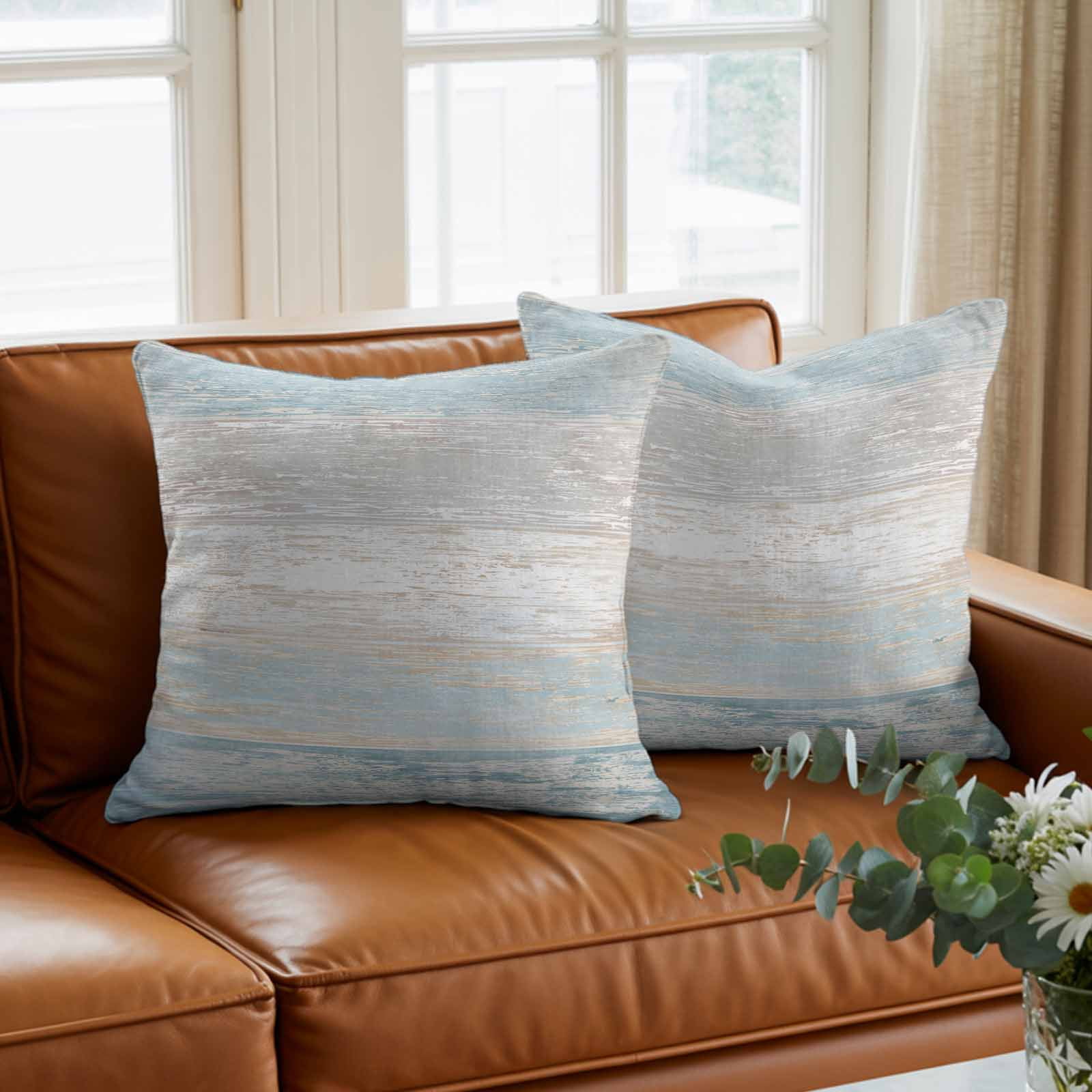 Pillow Covers 26x26 Inch, Blue Beige Farmhouse Linen Pillowcase with Invisible Zipper, Vintage Wooden Striped Decorative Throw Pillow Covers Cushion Case for Couch Sofa Bed Living Room