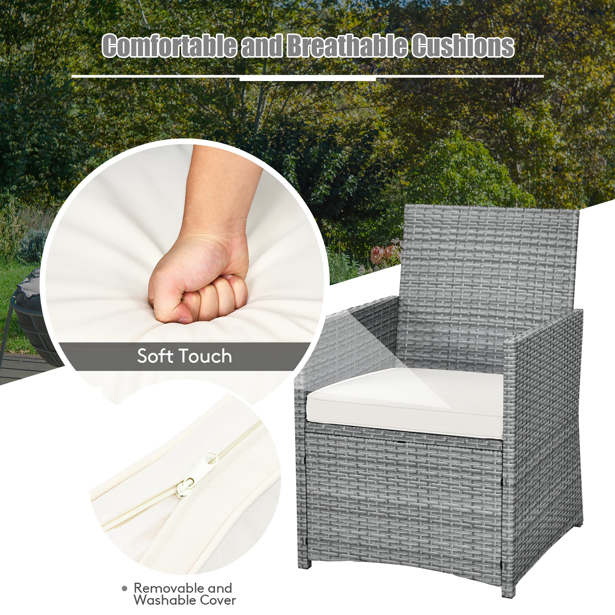 Costway 3PCS Patio Rattan Furniture Set Cushioned Sofa Armrest  Garden White